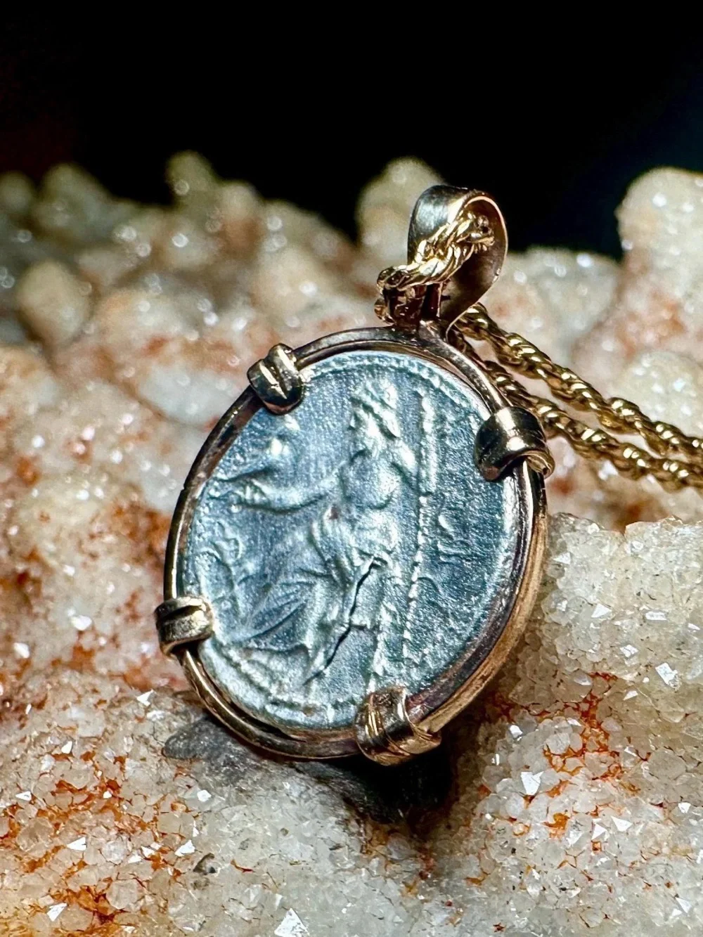 Ancient Greek Silver Coin Pendant Gold Bezel Heracles Zeus Alexander w/ COA